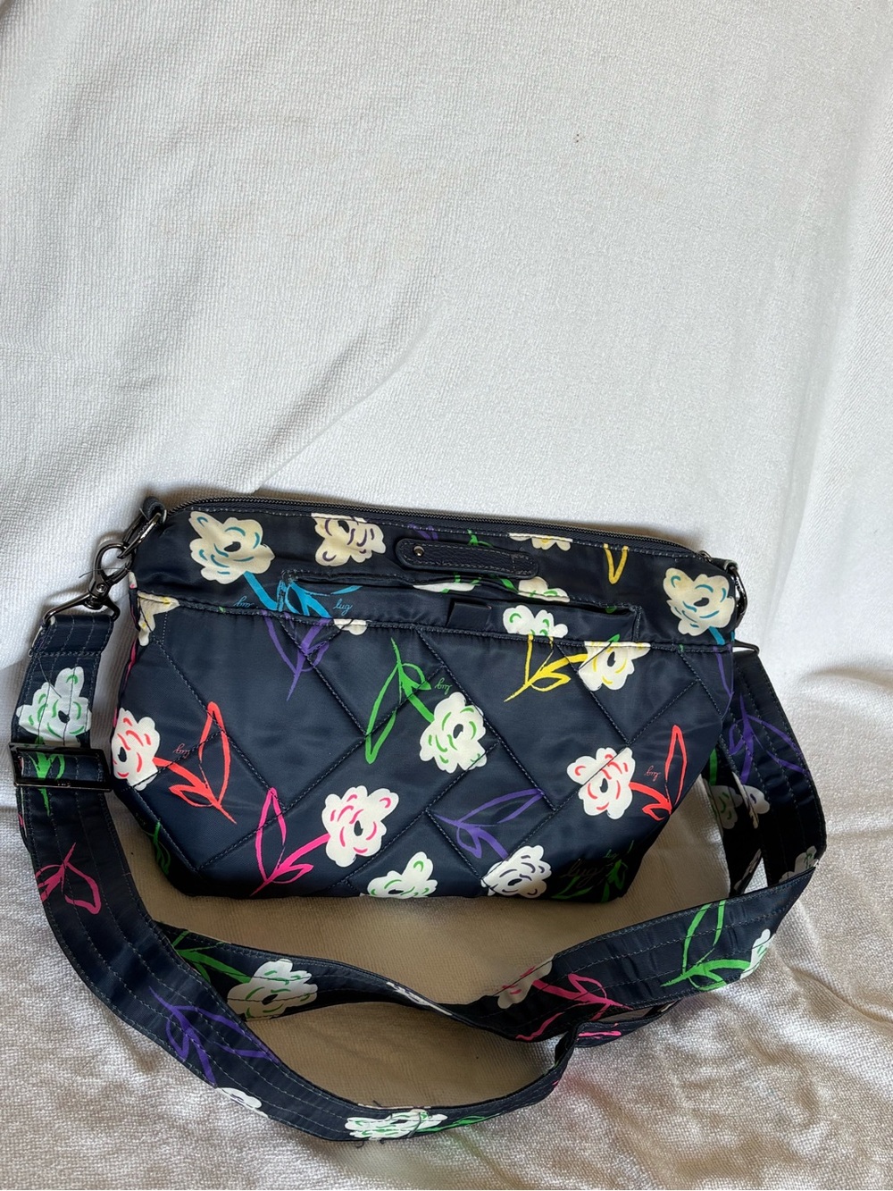 lug Navy Quilted Floral Crossbody Bag with Multicolor Flowers
